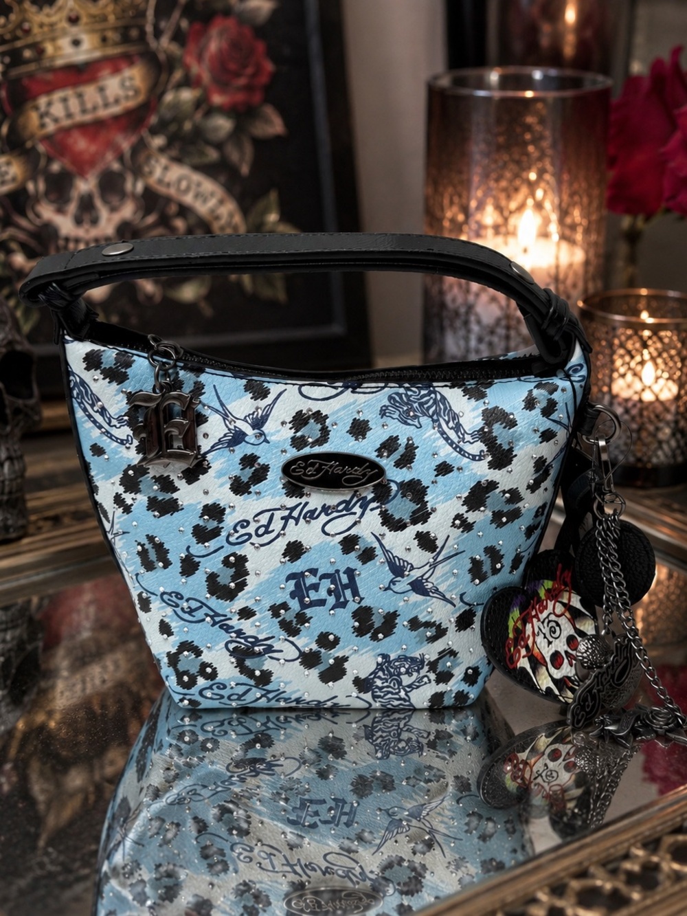 NWT Ed Hardy Blue Leopard Rhinestone Shoulder Bag Y2K Tattoo Purse Charms